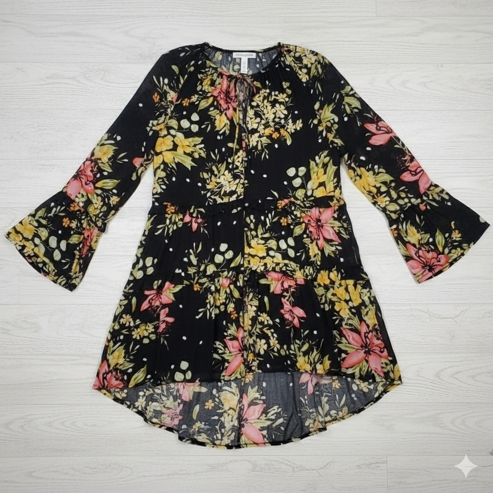 Rachel Zoe Size L Tunic Black Chiffon Floral Swing Cover-up Long Sleeve Spring - Picture 5 of 16